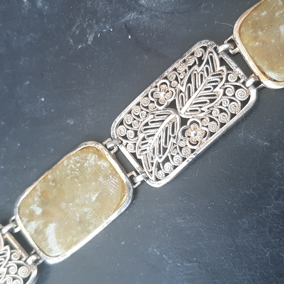 Antique Sterling Germany jade filligree bracelet - Picture 2 of 5